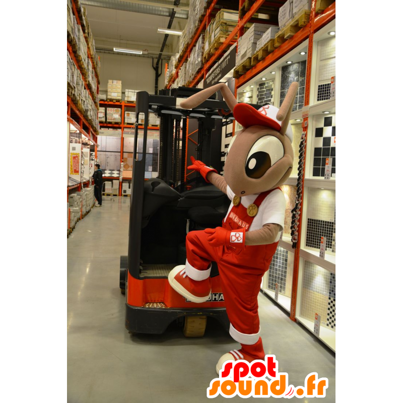 Maskotbruna myror i röd overall - Spotsound maskot Maskotbruna myror i röd overall - Spotsound maskot