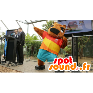 Mascotte bear, brown marmot in colorful outfit - MASFR22134 - Bear mascot