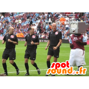 Grå robotmaskot, med fyrkantigt huvud, i sportkläder -