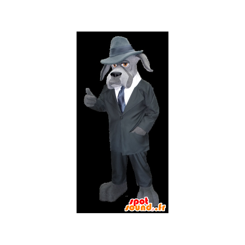 Mascotte de chien gris, habillé en détective privé - MASFR22141 - Mascottes de chien