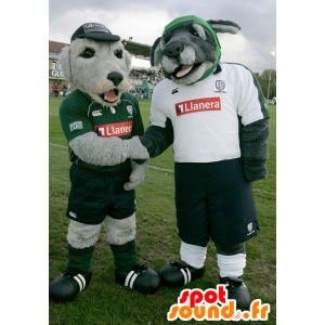 2 maskotar av grå hundar i sportkläder - Spotsound maskot