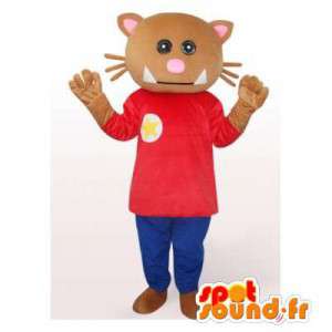 Mascot braune Katze in den roten und blauen Outfit - MASFR006493 - Katze-Maskottchen