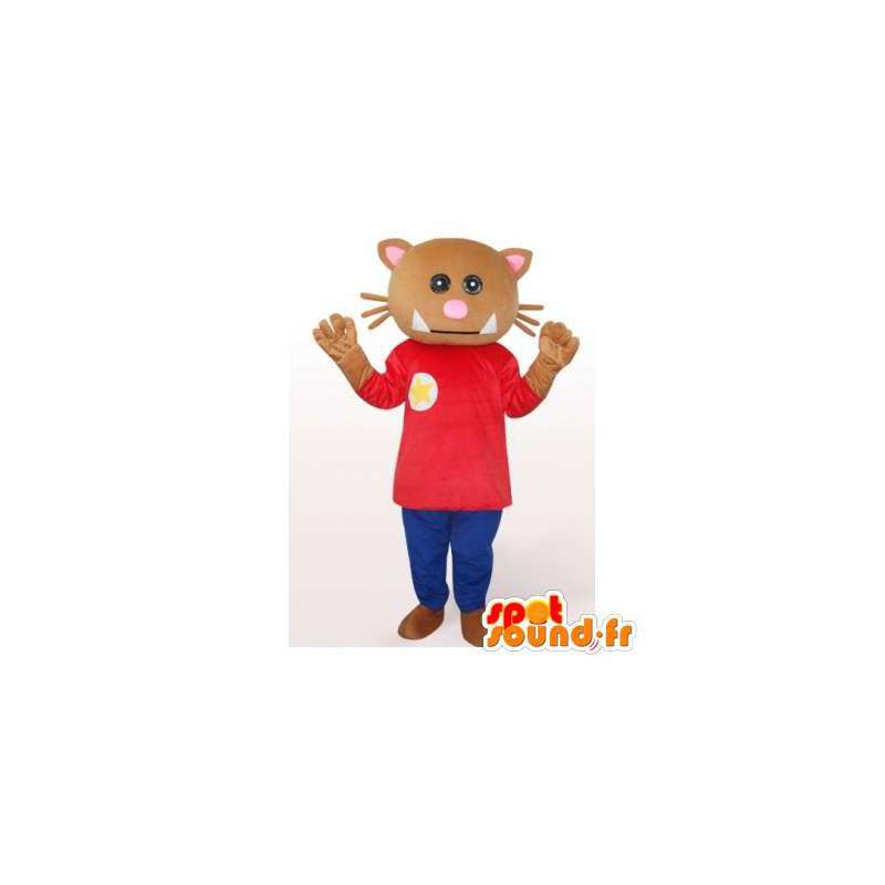 Brun kat maskot i rød og blå tøj - Spotsound maskot kostume