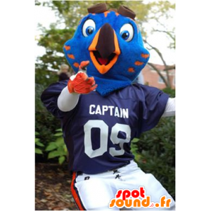 Blå og orange fuglemaskot i sportstøj - Spotsound maskot kostume