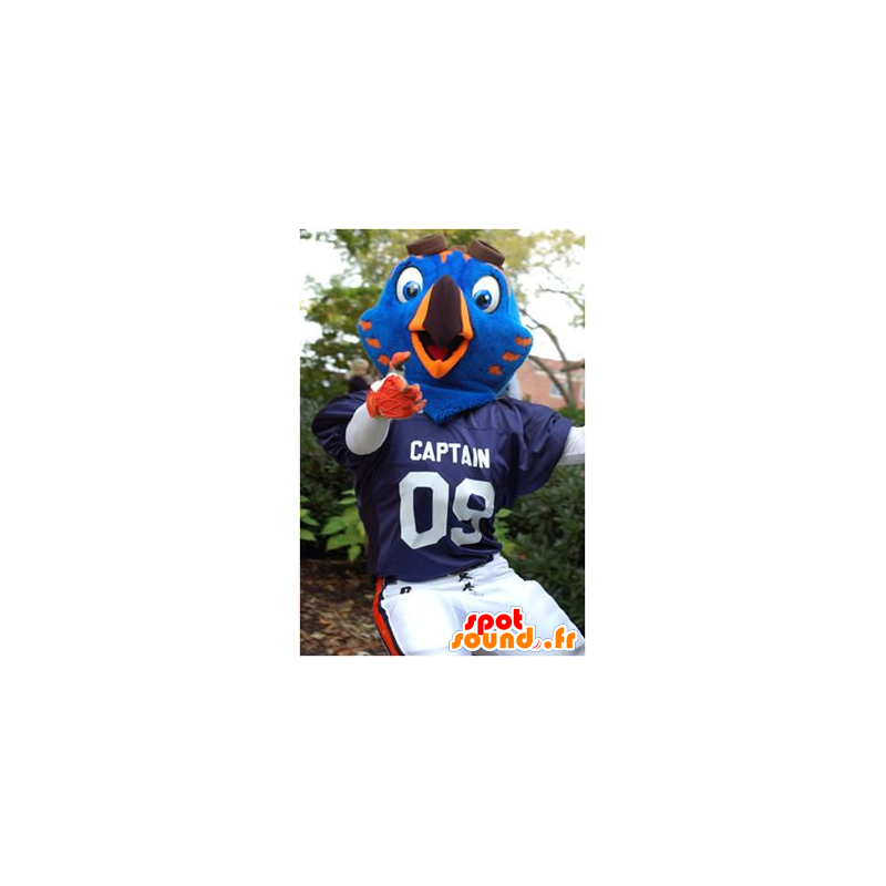 Blå och orange fågelmaskot, i sportkläder - Spotsound maskot