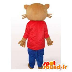 Mascote gato marrom vestido vermelho e azul - MASFR006493 - Mascotes gato