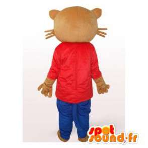 Mascot braune Katze in den roten und blauen Outfit - MASFR006493 - Katze-Maskottchen