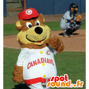 Mascotte de gros nounours marron et jaune, en tenue de sport - MASFR22161 - Mascotte d'ours