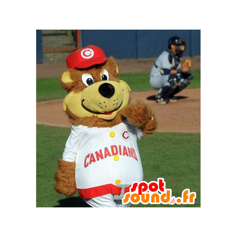 Mascotte de gros nounours marron et jaune, en tenue de sport - MASFR22161 - Mascotte d'ours