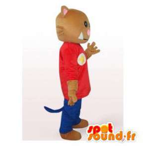 Brun katt maskot kledd rød og blå - MASFR006493 - Cat Maskoter
