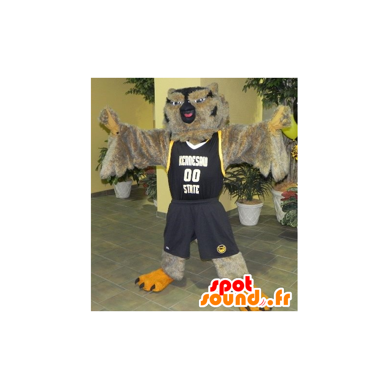 Mascot owl in brown and black sports outfit - MASFR22171 - Mascot of birds