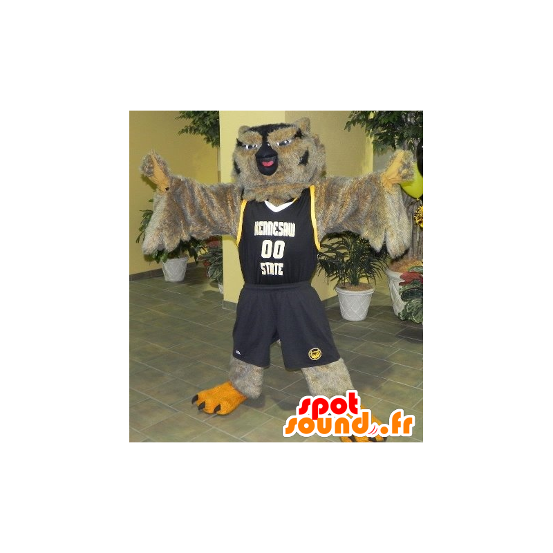 Mascot ugle i brunt og svart idrett uniform - MASFR22171 - Mascot fugler