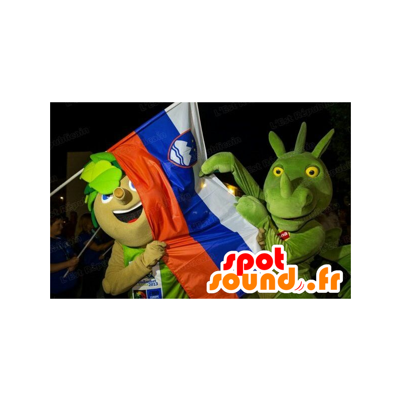 2 mascotes, uma árvore com folhas e um dragão verde - MASFR22173 - Dragão mascote 2 mascotes, uma árvore com folhas e um dragão verde - MASFR22173 - Dragão mascote