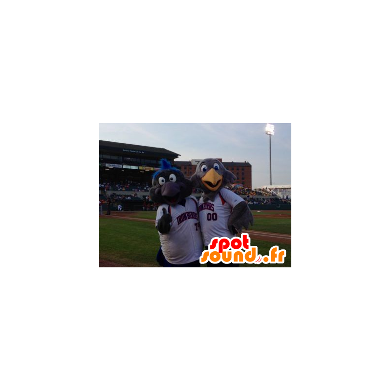 2 bird mascots, one gray and the other black - MASFR22175 - Mascot of birds 2 bird mascots, one gray and the other black - MASFR22175 - Mascot of birds