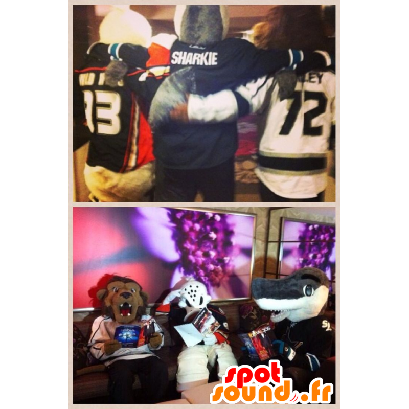 3 mascot, a lion, a white duck, and a gray shark - MASFR22177 - Ducks mascot 3 mascot, a lion, a white duck, and a gray shark - MASFR22177 - Ducks mascot