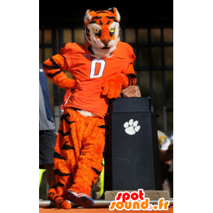 Orange tiger mascot, white and black, in sportswear - MASFR22182 - Tiger mascots