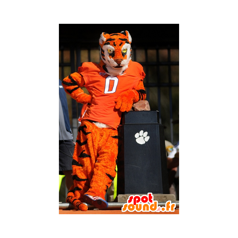 Orange, hvid og sort tigermaskot i sportstøj - Spotsound maskot