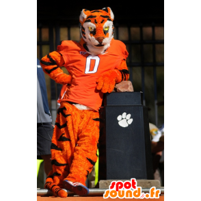 Orange tiger mascot, white and black, in sportswear - MASFR22182 - Tiger mascots