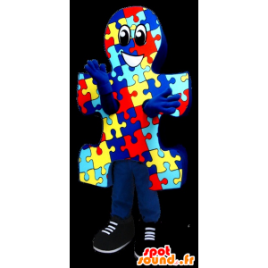 Puzzelstukje mascotte, blauw, geel en rood - MASFR22185 - mascottes objecten