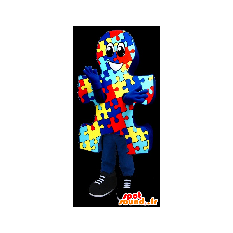 Puzzelstukje mascotte, blauw, geel en rood - MASFR22185 - mascottes objecten