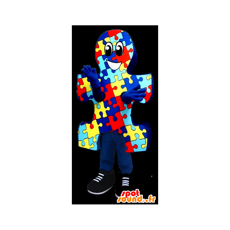 Puzzle piece mascot, blue, yellow and red - MASFR22185 - Mascots of objects