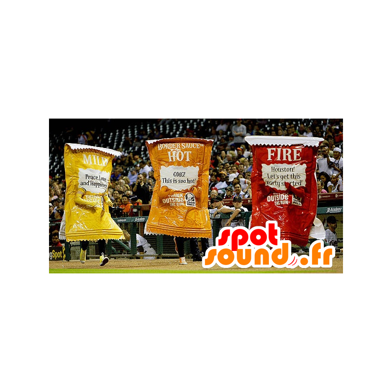 3 mascotes molhos sacos, amarelo, vermelho e laranja - MASFR22186 - Rápido Mascotes Food 3 mascotes molhos sacos, amarelo, vermelho e laranja - MASFR22186 - Rápido Mascotes Food