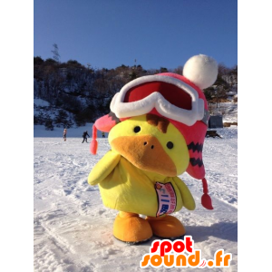 Mascotte grande pulcino giallo e arancio, con una protezione di inverno - MASFR22198 - Mascotte di anatre
