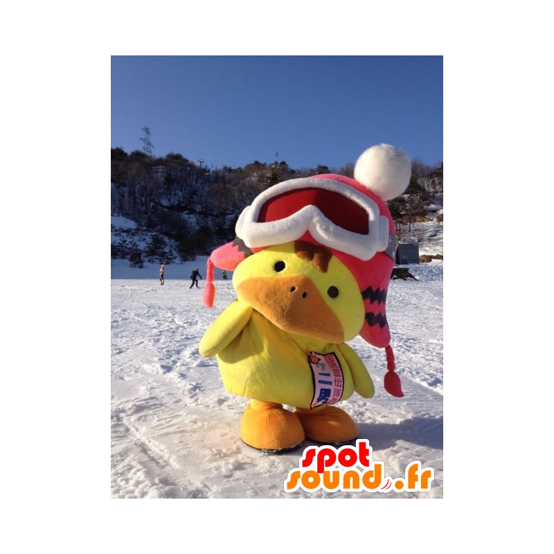 Mascot grande pintainho amarelo e laranja, com um tampão do inverno - MASFR22198 - patos mascote Mascot grande pintainho amarelo e laranja, com um tampão do inverno - MASFR22198 - patos mascote