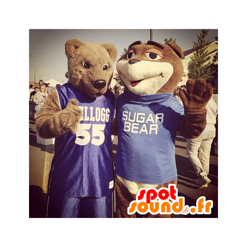 2 brown bear mascots in sports outfit - MASFR22228 - Bear mascot