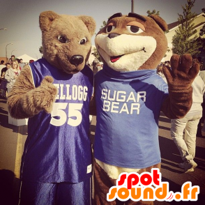 2 brown bear mascots in sports outfit - MASFR22228 - Bear mascot