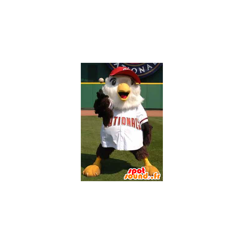 Mascotte de gros oiseau marron et blanc en tenue de baseball - MASFR22235 - Mascotte d'oiseaux