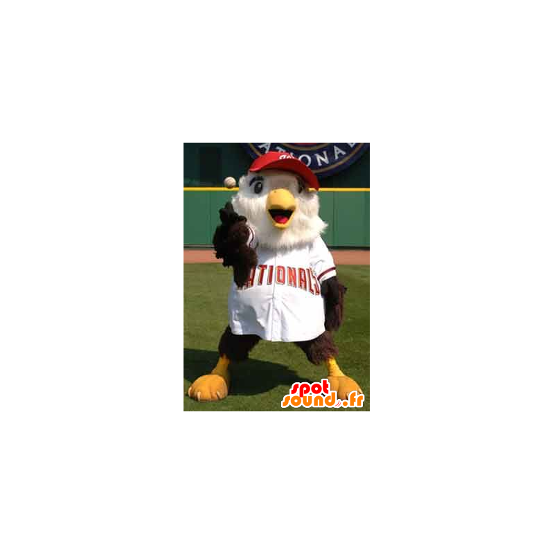 Mascotte grande uccello marrone e bianco in abito da baseball - MASFR22235 - Mascotte degli uccelli