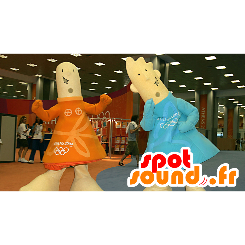 2 mascottes, de fille et de garçon, en tenue orange et bleue - MASFR22253 - Mascottes Enfant