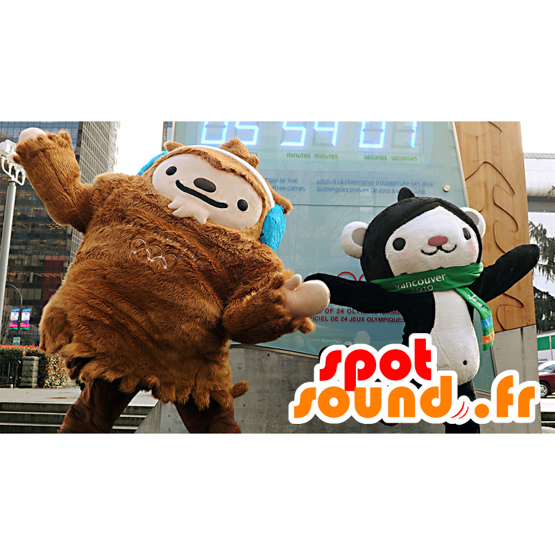 2 mascots, brown yeti and a black and white monkey - MASFR22256 - Mascots monkey 2 mascots, brown yeti and a black and white monkey - MASFR22256 - Mascots monkey