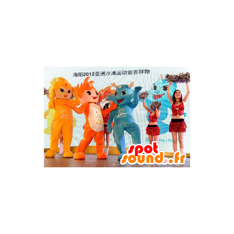 3 mascots colorful snowmen, orange, yellow and blue - MASFR22258 - Human mascots