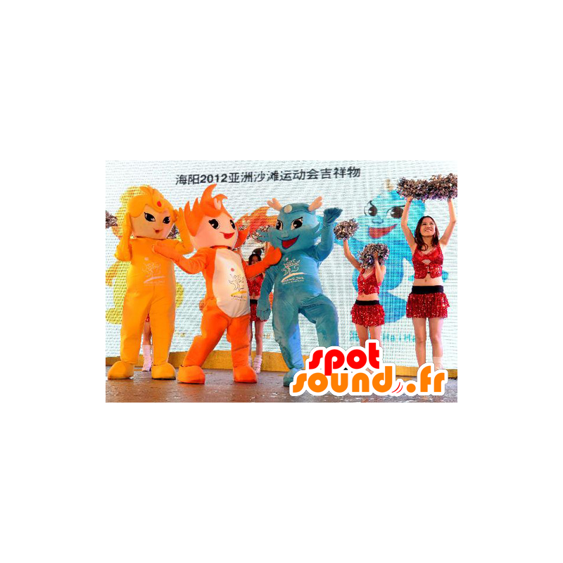 3 mascottes kleurrijk sneeuwpoppen, oranje, geel en blauw - MASFR22258 - man Mascottes