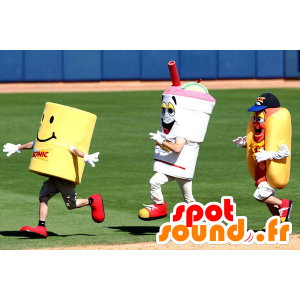 3 mascottes, un sandwich, une boisson et un cylindre jaune - MASFR22259 - Mascottes Fast-Food