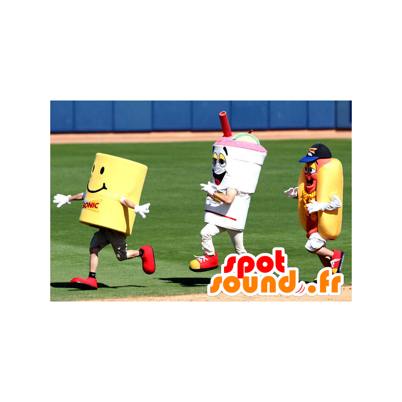 3 mascottes, un sandwich, une boisson et un cylindre jaune - MASFR22259 - Mascottes Fast-Food 3 mascottes, un sandwich, une boisson et un cylindre jaune - MASFR22259 - Mascottes Fast-Food