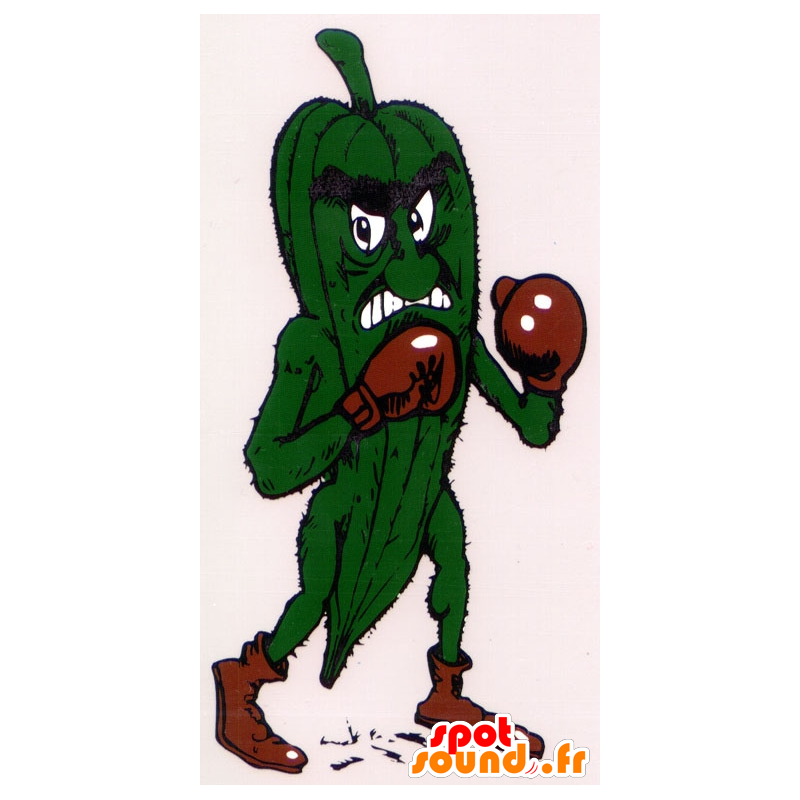 Mascotte de cornichon vert, farouche, avec des gants de boxe - MASFR22260 - Mascotte de légumes