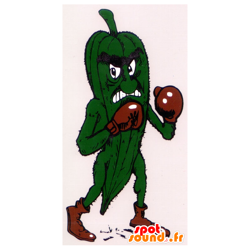 Verde sottaceto mascotte, un feroce, con i guantoni - MASFR22260 - Mascotte di verdure