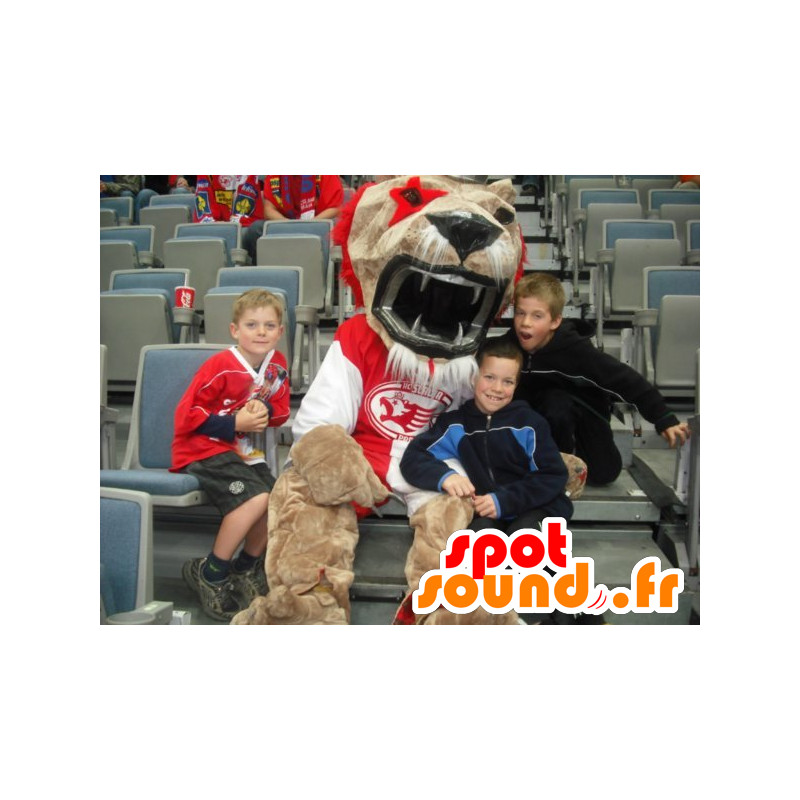 Beige and white mascot lion, roaring - MASFR22273 - Lion mascots Beige and white mascot lion, roaring - MASFR22273 - Lion mascots