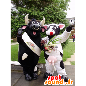 2 mascots, a black bull and a black and white cow - MASFR22274 - Mascot cow