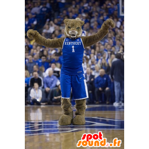 Mascotte de tigre, de félin marron, en tenue de sport bleue - MASFR22278 - Mascottes Tigre