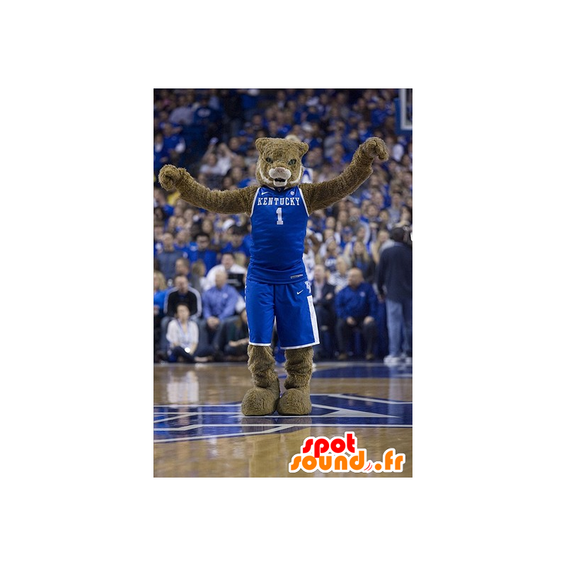 Mascotte de tigre, de félin marron, en tenue de sport bleue - MASFR22278 - Mascottes Tigre Mascotte de tigre, de félin marron, en tenue de sport bleue - MASFR22278 - Mascottes Tigre