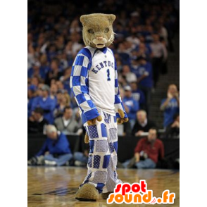 Mascotte de tigre, de félin marron, en tenue de sport bleue - MASFR22278 - Mascottes Tigre