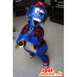 Blue Dog Mascot pazzo con una camicia a quadri - MASFR22287 - Mascotte cane