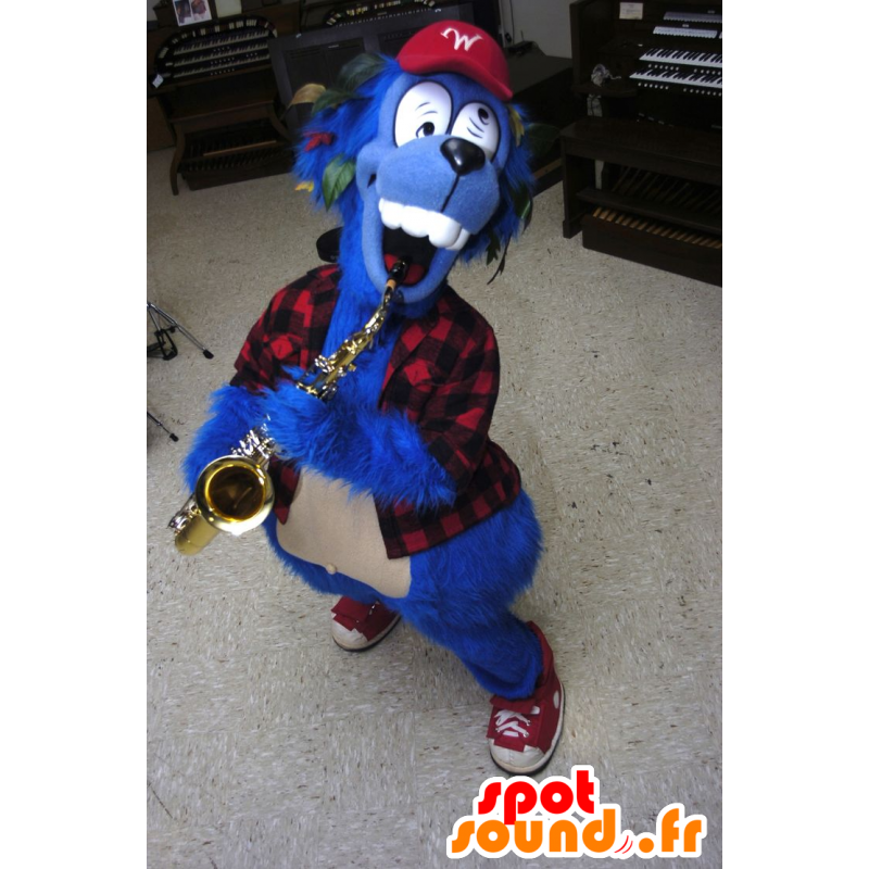 Blauwe Hond Mascot gek met een geruite overhemd - MASFR22287 - Dog Mascottes