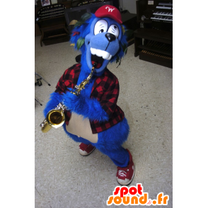 Blue Dog Mascot loco con una camisa a cuadros - MASFR22287 - Mascotas perro