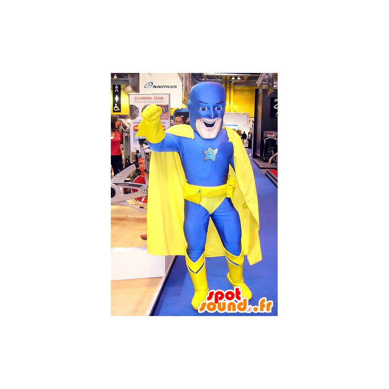Mascote-herói em combinação azul e amarelo - MASFR22291 - super-herói mascote