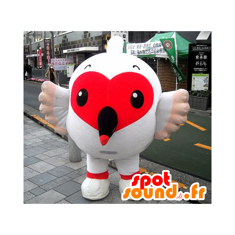Grande mascotte uccello bianco, con un cuore rosso grazioso - MASFR22296 - Mascotte degli uccelli